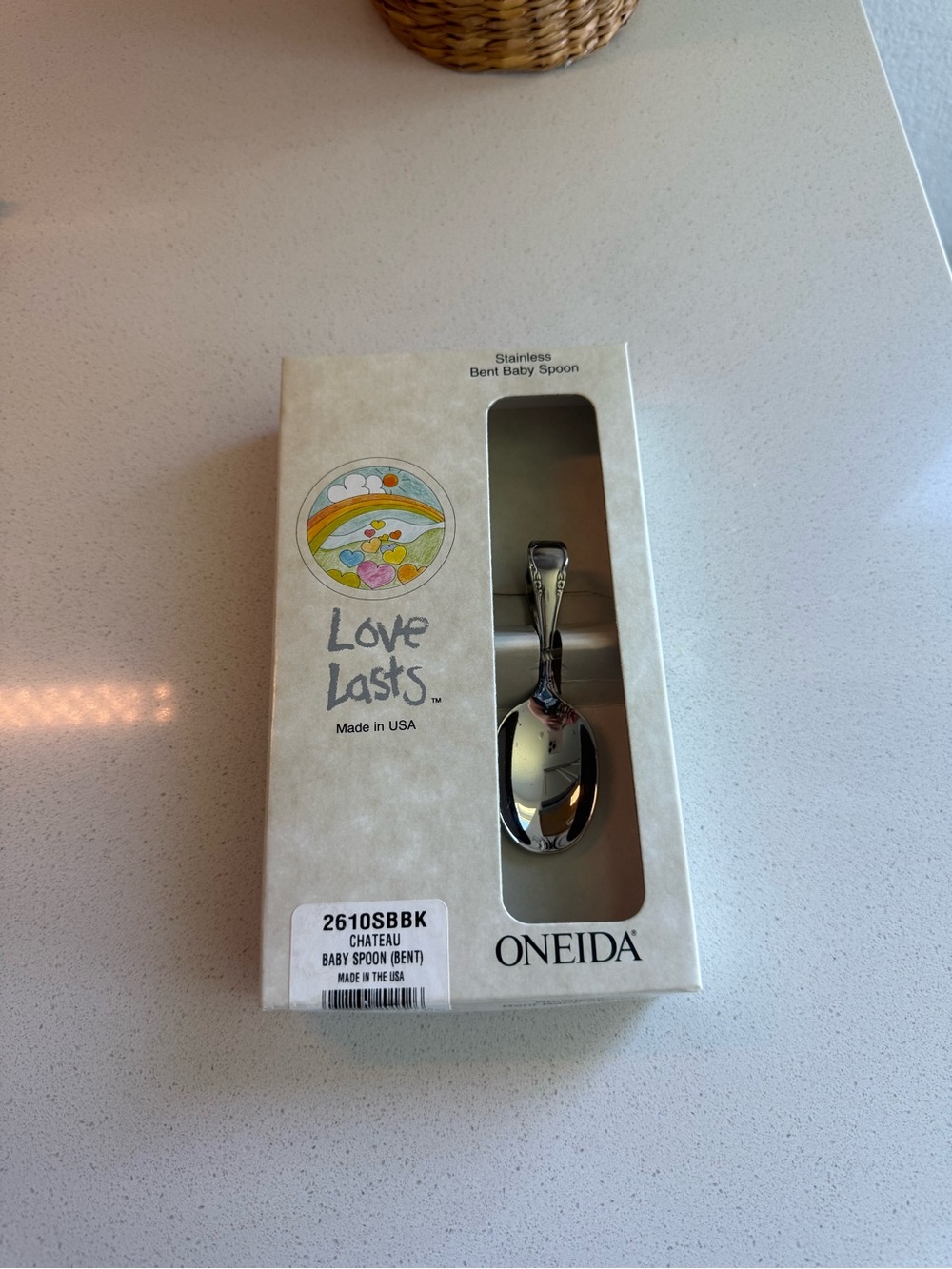 Vintage 1990 Oneida Silver Polished Bent Baby Spoon - Love Lasts Gift Box NWT